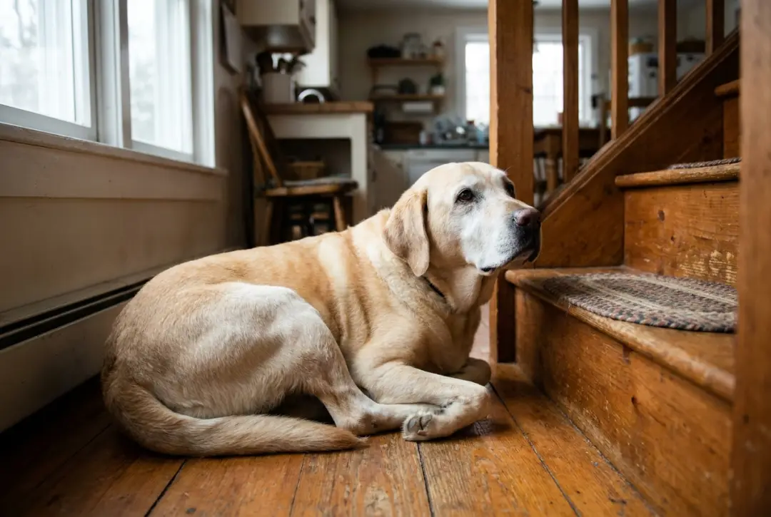 A senior labrador lying on the kitchen floor at the bottom of the stairs